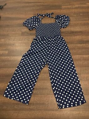 Navy Polka Dot Puff-Sleeve Jumpsuit - Tie in the Back